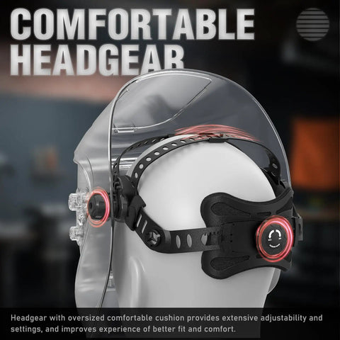 Close-up of Large View Auto Darkening Welding Helmet Pro Grade With Blue Light Blocking Lens headgear showing comfort padding.