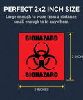 Straight Up Reliable 2X2 Biohazard Stickers 250 Pack No Sweat Coated Paper Warning Labels design showing dimensions of 2x2 inches.