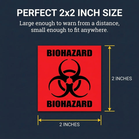 Straight Up Reliable 2X2 Biohazard Stickers 250 Pack No Sweat Coated Paper Warning Labels design showing dimensions of 2x2 inches.