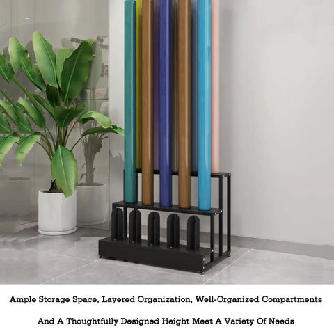 Killer Heavy Duty Storage Rack For Roll Materials With Adjustable Leveling Feet For Garage Workshops, displaying multiple rolls in an organized space.