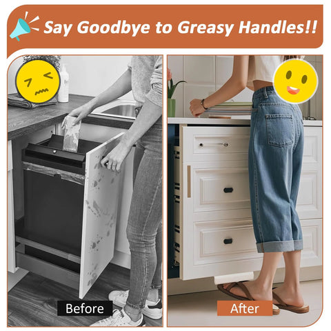 Comparison of cabinet use with Hands Free Cabinet Foot Pull for Trash Cans and Doors Universal Mounting Kit.