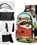 Cheerful Meadow Raccoon Print Unisex Daypack with large capacity, durable polyester, smooth zipper, and breathable material.