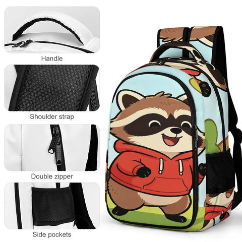 Cheerful Meadow Raccoon Print Unisex Daypack with large capacity, durable polyester, smooth zipper, and breathable material.