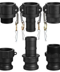 Six Piece Cam Lock Fittings Kit For Fast Grab-And-Go Connections On Hoses And Pipes, 1.5 Inch Camlock Couplings, Black