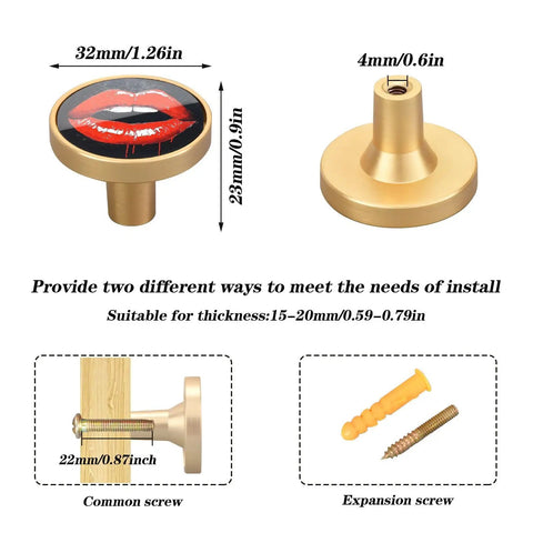 Four Piece Sweet Red Lips Round Drawer Knobs With Hassle Free Screw Hardware For Kitchen Cabinets Dressers And Vanity Drawers Super Chic Home Update Fresh Vibe Alert, showing dimensions and installation options.