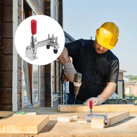Heavy Duty Vertical Toggle Clamps Quick Release Metal Hold Down Vise Pro Level Fast Acting Workshop Tool used for securing wood.