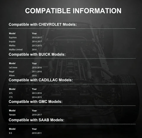 Compatibility chart for Front And Rear Wheel Hub Bearing Assembly Replacement For GM Cars Like Malibu Impala Equinox Terrain Lacrosse XTS CTS Regal Buick Cadillac with ABS 5 Lug