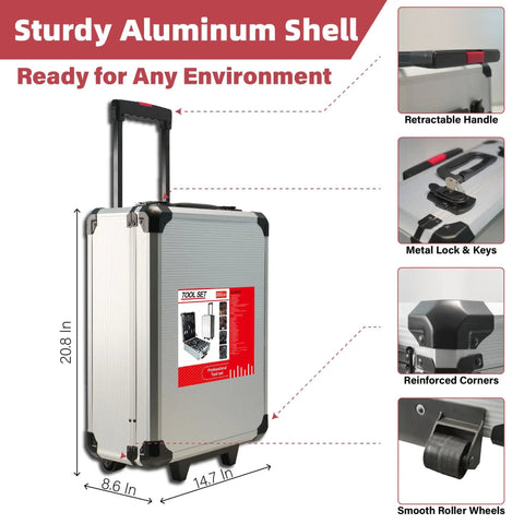 All In One 515 Piece Aluminum Trolley Tool Set On Wheels With Four Drawers Portable Toolbox For Home Car Garage Maintenance And Auto Repair Equipped With Wrenches Pliers Sockets Hammer Tape Measure And More featuring a retractable handle.
