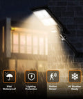 Ultra Bright Solar Street Lights Outdoor 180 LED Chips with Motion Sensor and Dusk to Dawn 3000K warm glow in rain.