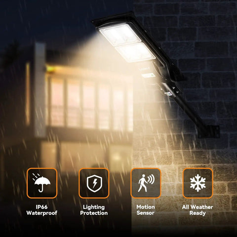 Ultra Bright Solar Street Lights Outdoor 180 LED Chips with Motion Sensor and Dusk to Dawn 3000K warm glow in rain.