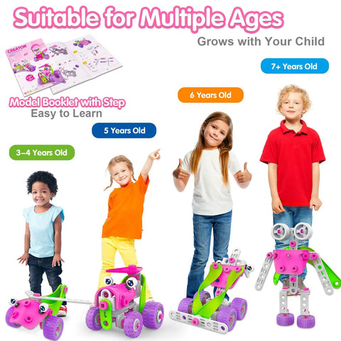 Pink Kid Friendly Education Building Set For Girls Ages 4 To 10 With 14 Ways To Play Build Cars Planes Robots And More Educational