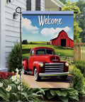 Red Farm Truck Garden Flag 12x18 Inch Double Sided Outdoor Yard Banner Welcome Vintage Pickup With Barn And Countryside Scenery