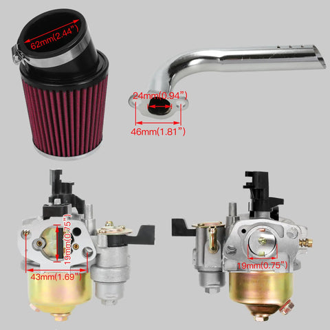 Predator 212 Stage 1 Carb Kit With 212 Exhaust Pipe For Predator 212 224cc engines showing carburetor and exhaust dimensions