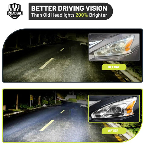 Comparison of Nissan Altima headlights, before and after installing Halogen Headlights With Bulbs For 2013 2014 2015 Nissan Altima 4 Door Driver And Passenger Side Replacement Not For Xenon HID OE Style Plug And Play Direct Bolt On And Ready For Night Performance, showcasing improved road visibility.