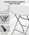 32 Inch Plastic Folding Round Bar Height Table With Gray Metal Finish For Outdoor Parties Cafes Restaurants Backyard Weddings Durable HDPE Construction 350 Lb Capacity Easy Setup White, showing durable HDPE top and gray metal frame details