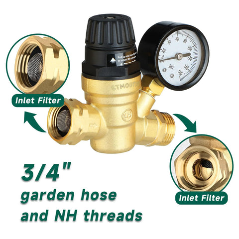 STMOUTUO RV water pressure regulator for camper; brass lead-free, 0–160 psi gauge, 3/4" NH hose threads, inlet filter