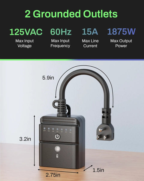 Outdoor Timer With 100 Ft Remote And Light Sensor Dusk To Dawn Auto On Off Countdown Timer For Garden Lights shown with 2 outlets.