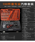 150 Piece Chrome Vanadium Socket Ratchet Wrench Kit Built Tough As Nails With Smooth Action Universal Joint And Secure Organizing Case showing organized tools.