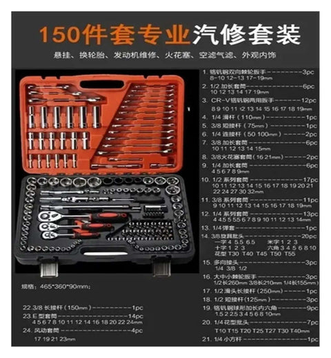 150 Piece Chrome Vanadium Socket Ratchet Wrench Kit Built Tough As Nails With Smooth Action Universal Joint And Secure Organizing Case showing organized tools.