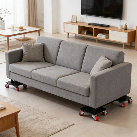 Gray sofa on 360 Degree Rotating Heavy Duty Furniture Mover Dolly With Auxiliary Lifter For Sofas Beds Washing Machines And More Easy Glide Wheel System Built To Move Big Stuff Through Narrow Hallways Stairs And Tight Spaces During Home Or Warehouse Moves