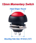12mm waterproof momentary push button switch red head close-up, screw clamp terminals, 15 pack, for horn button or PC power switch, no solder required.
