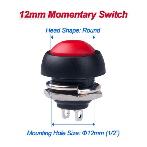 12mm waterproof momentary push button switch red head close-up, screw clamp terminals, 15 pack, for horn button or PC power switch, no solder required.