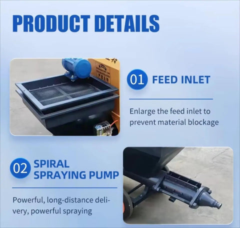 Feed inlet and spiral spraying pump details of high performance electric plaster sprayer machine for smoother walls.