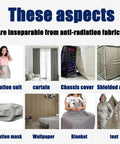 Various uses of EMF Shielding Fabric For High Frequency Protection, including in radiation suits, curtains, and blankets.