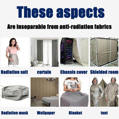 Various uses of EMF Shielding Fabric For High Frequency Protection, including in radiation suits, curtains, and blankets.