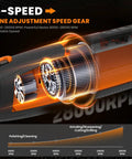 Killer Cordless Rotary Tool Kit Packing Eighty Heavy Duty Bits For Carving Grinding Sanding And Etching At Blazing Speeds Up To Twenty Eight Thousand Rpm showing 6-speed adjustment gear with RPM details.