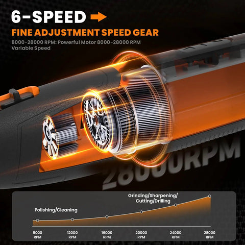 Killer Cordless Rotary Tool Kit Packing Eighty Heavy Duty Bits For Carving Grinding Sanding And Etching At Blazing Speeds Up To Twenty Eight Thousand Rpm showing 6-speed adjustment gear with RPM details.
