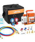 AC Vacuum Pump And Gauge Kit For Auto HVAC Repair 3.5 CFM One Quarter HP Single Stage Rotary Vane With Carry Bag Pro Grade Refrigerant Ready R134a R22 R410A R1234YF R32 Compatible, with hoses and gauges