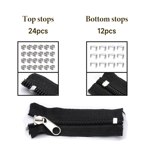 12 Piece Zipper Repair Kit With Locking And Non Locking Sliders And Top And Bottom Stops For Coats Jackets Backpacks Bags And Metal Or Plastic Zippers For On The Go Fix showing top and bottom stops.