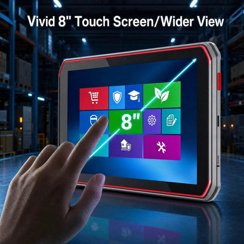 Badass Rugged Android Tablet With Integrated Honeywell N6703 Scanner Featuring Solid 8 Inch Display showing touch interface in warehouse.