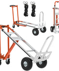 Heavy Duty Aluminum Three In One Convertible Hand Truck With Smooth Rolling Caster Wheels, Zero Hassle Assembly Folding Moving Dolly Cart, Eight Hundred Pound Load Limit Orange Finish. Three views of cart with accessories.