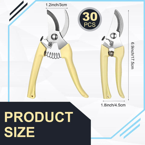 Two beige secateurs from the 30 Piece Garden Shears Set Heavy Duty Pruning Scissors For Yard Work Plants Hedge Tree Cutting; 6.9-inch and 1.8-inch sizes shown.