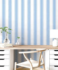 Easy Peasy Peel And Stick Self Adhesive Wallpaper With Chill Blue And White Hand Drawn Stripes for office decor.