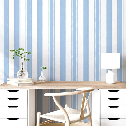 Easy Peasy Peel And Stick Self Adhesive Wallpaper With Chill Blue And White Hand Drawn Stripes for office decor.