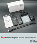 Visual Acuity Eye Chart For Optometry Snellen And Tumbling E With Randomize And Mirror Modes Plug And Play On Any TV Or Monitor No PC Required Auto Calibration HDMI Ready 4K Compatible RF Remote Included with remote and cables shown.