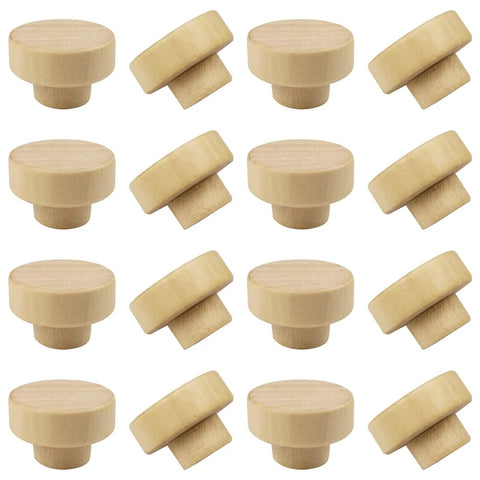 16 Pack Wood Cabinet Knobs 1.53 Inch Flat Top Round Dresser Drawer Knobs Unfinished Furniture Pull Handles Cupboard Door Hardware 39mm