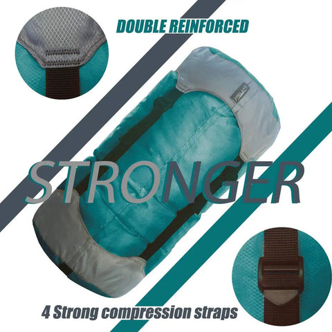 Ultralight Compression Sack For Sleeping Bags And Packable Gear Space Saving Stuff Sack For Camping Hiking And Backpacking 210T Tear Resistant Polyester Turquoise Small with double reinforced stitching and strong compression straps.