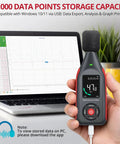 Pro-Grade Digital Sound Level Meter With Data Logger, Handy Portable Noise Meter With Condenser Microphone, 31000-Point Memory, Real-Time Readings From 30 To 130 dB(A) And 35 To 130 dB(C), 0.1 dB Resolution, 31.5 Hz To 8500 Hz, shown with laptop data export