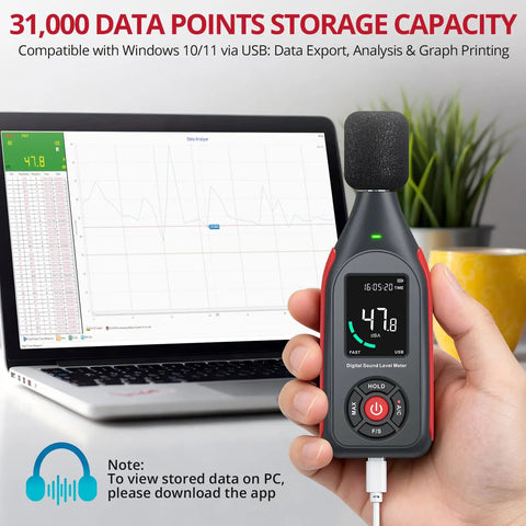 Pro-Grade Digital Sound Level Meter With Data Logger, Handy Portable Noise Meter With Condenser Microphone, 31000-Point Memory, Real-Time Readings From 30 To 130 dB(A) And 35 To 130 dB(C), 0.1 dB Resolution, 31.5 Hz To 8500 Hz, shown with laptop data export