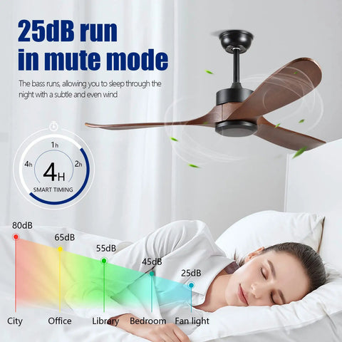52 Inch Outdoor Ceiling Fan Without Light With 3 Solid Wood Blades, Remote Control, Walnut Wood Finish in a mute mode setting