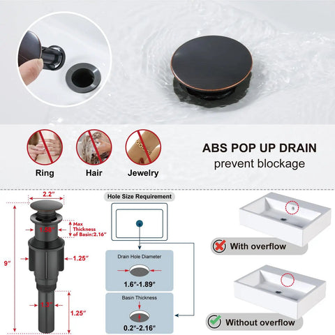 Oil Rubbed Bronze Vessel Sink Waterfall Tall Bathroom Faucet Pop Up Drain with blockage prevention diagram.