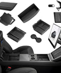 Ten Piece Center Console Organizer For Model Y Juniper 2025 2026 Premium And Performance Under Seat Storage Armrest Cover Hidden Storage Charger Pad Accessories Black, showcasing components in black interior