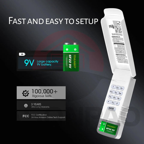 G940EV-P2 Wireless Universal Garage Door Opener Keypad showing 9V battery compatibility and easy setup instructions.