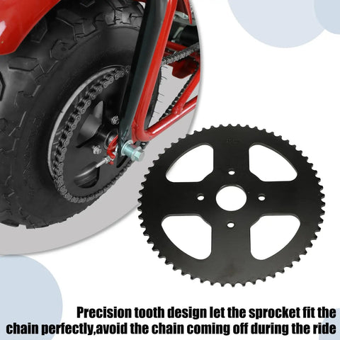 60 Tooth Sprocket for 420 Chain Mini Bike Rear Sprocket 40mm Bore Replacement Fits Coleman CT200U EX BT200X CT200U EXR beefed up Baja Warrior MB200 TrailMaster Predator 212cc 196cc Go Kart Parts shown next to rear wheel