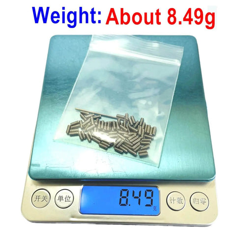 Bag of M2 X 5mm Set Screws Stainless Steel 304 Hex Socket Allen Head on scale showing 8.49g with 0.9mm Allen wrench included.