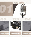 Details of Three Seat Outdoor Porch Swing Chair With Adjustable Canopy Two In One Convertible Backrest Into Bed Thick Cushions Pillow And Cup Holder Weather Resistant Gray including solid hook, round pillows, foldable tray, premium fabric.